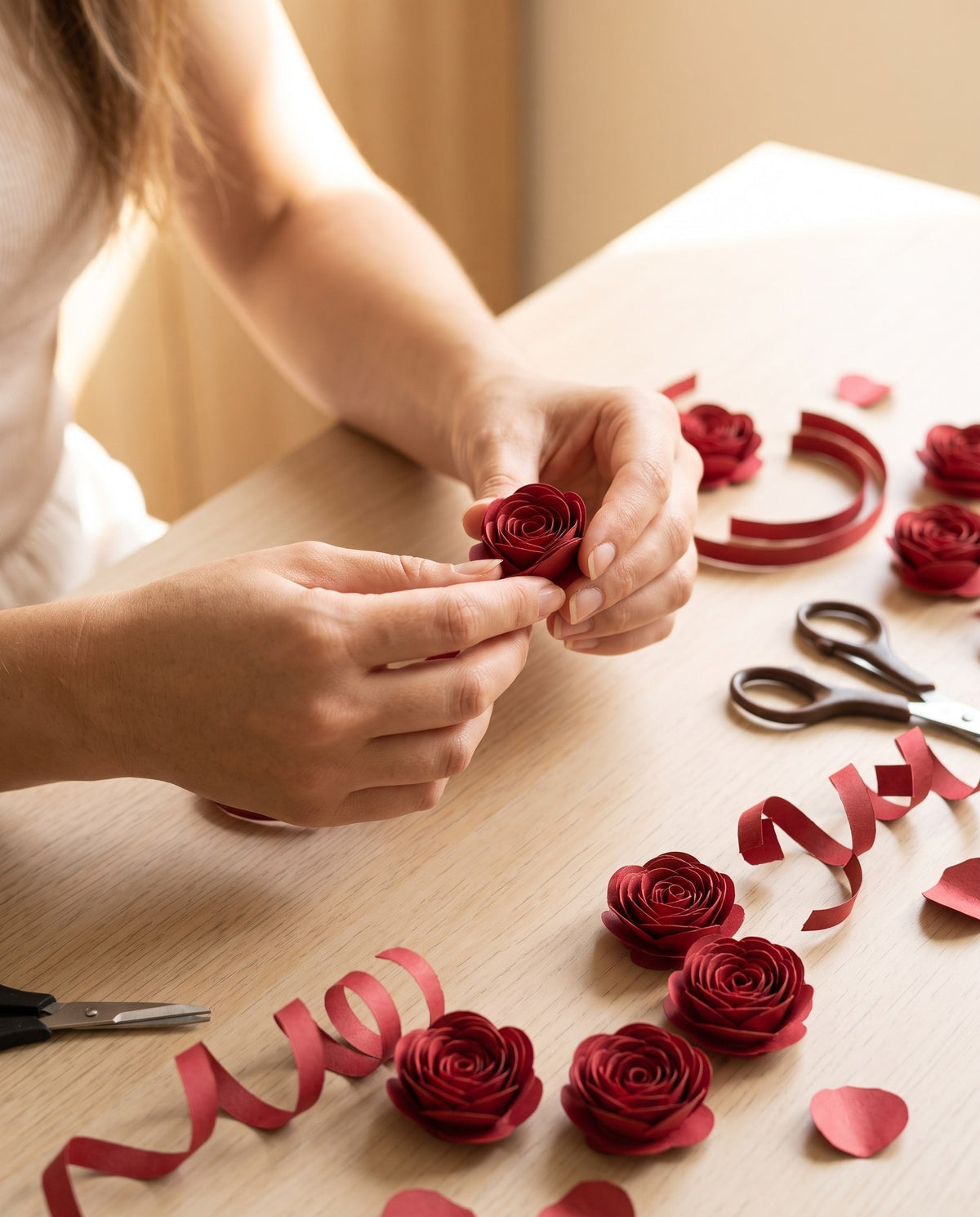 Manos enrollando a mano una rosa de papel roja sobre la mesa de trabajo