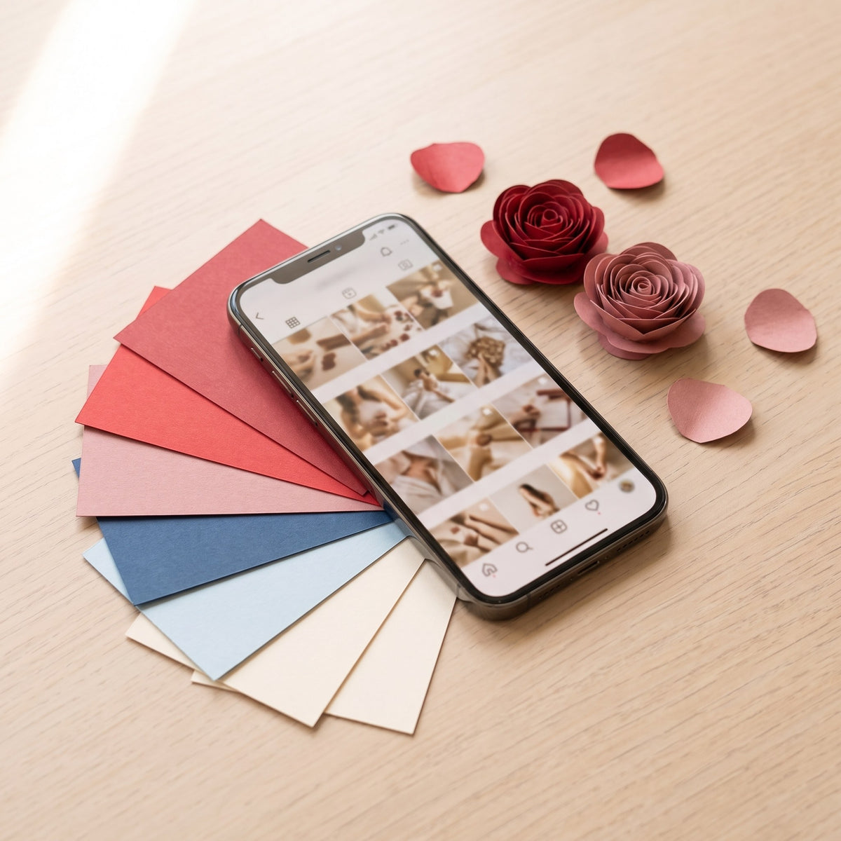 Celular con la galería de fotos junto a muestras de cartulina de colores