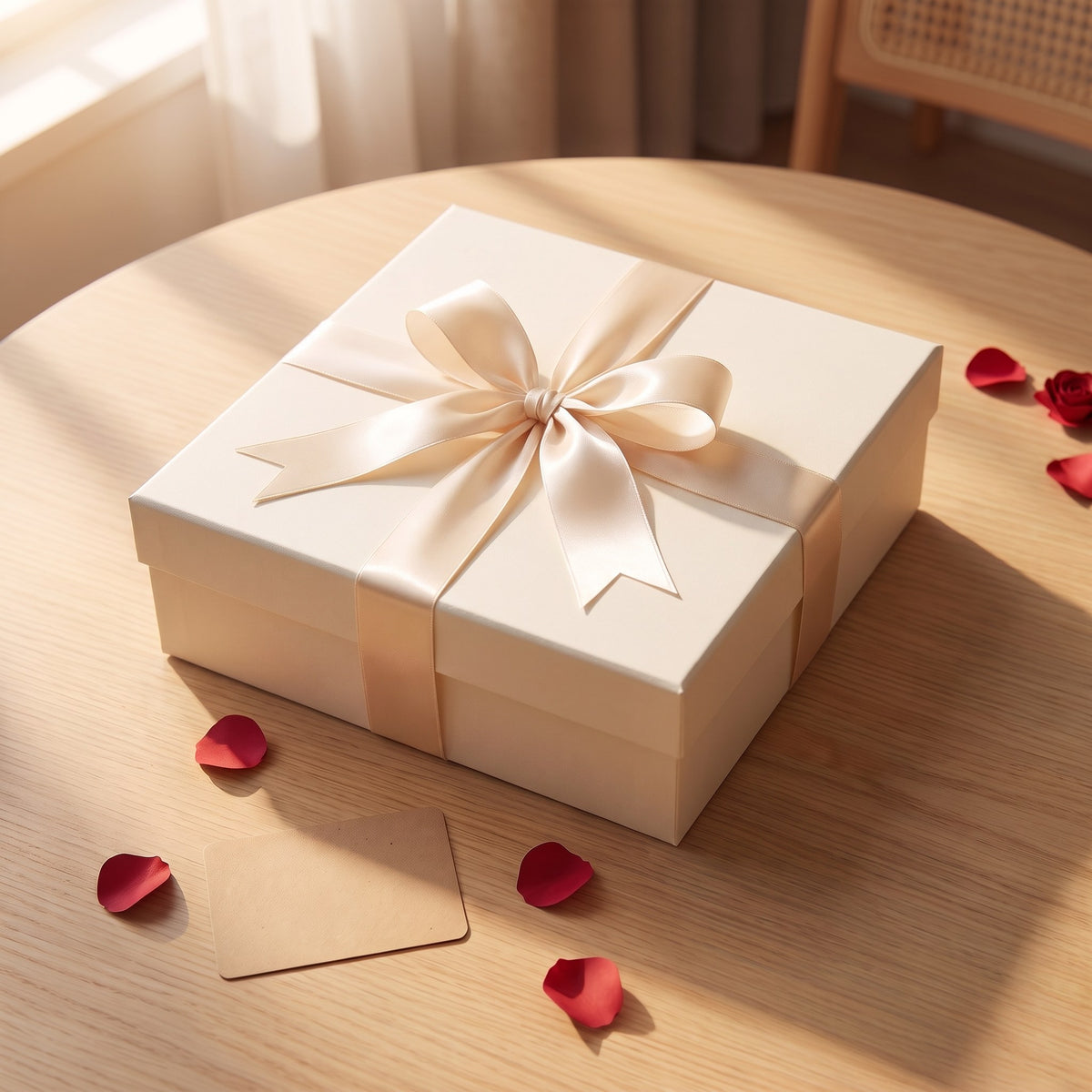 Caja de regalo LUNATEA cerrada con cinta de raso lista para entregar