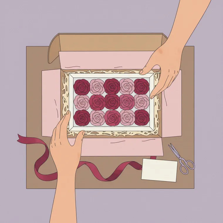 Ilustración: empacando el cuadro en su caja, sobre papel de seda